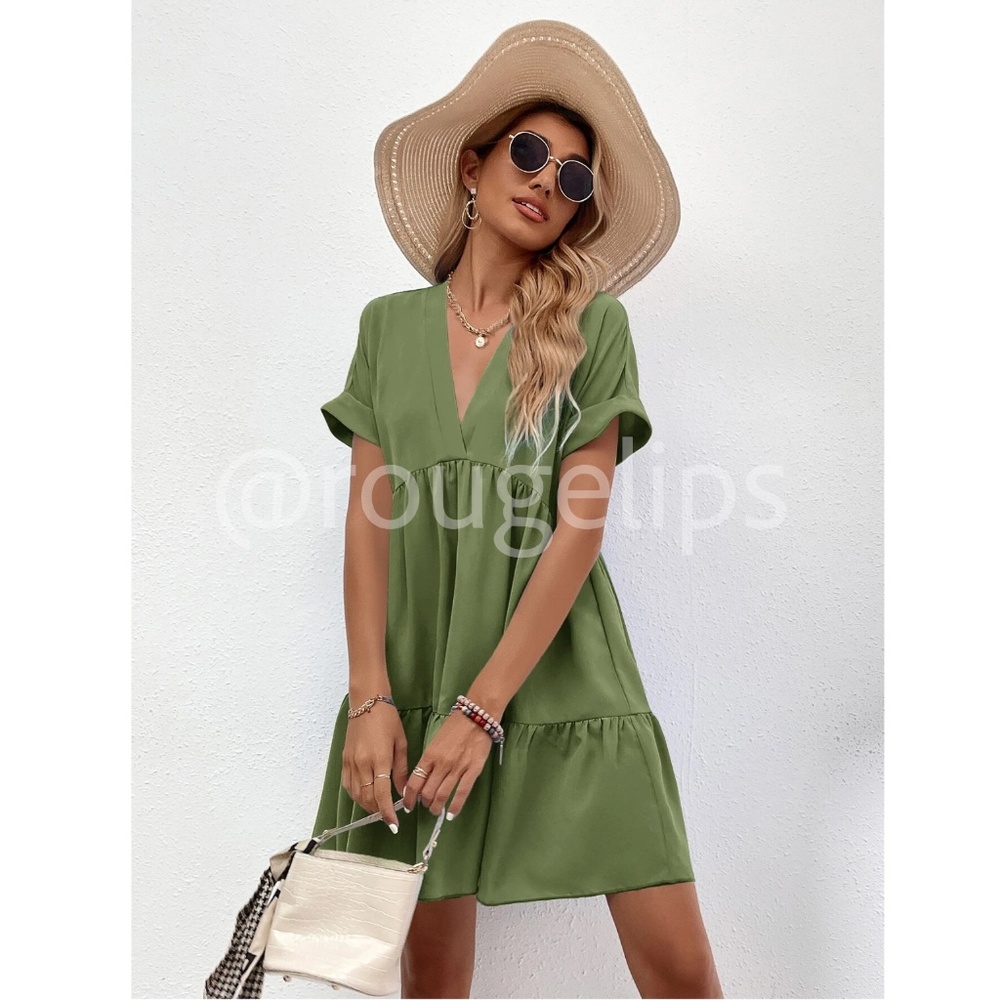 Army Green Short Sleeve Loose Fitting Mini Dress V-Neck Ruffle Flared Hem - Picture 2 of 7